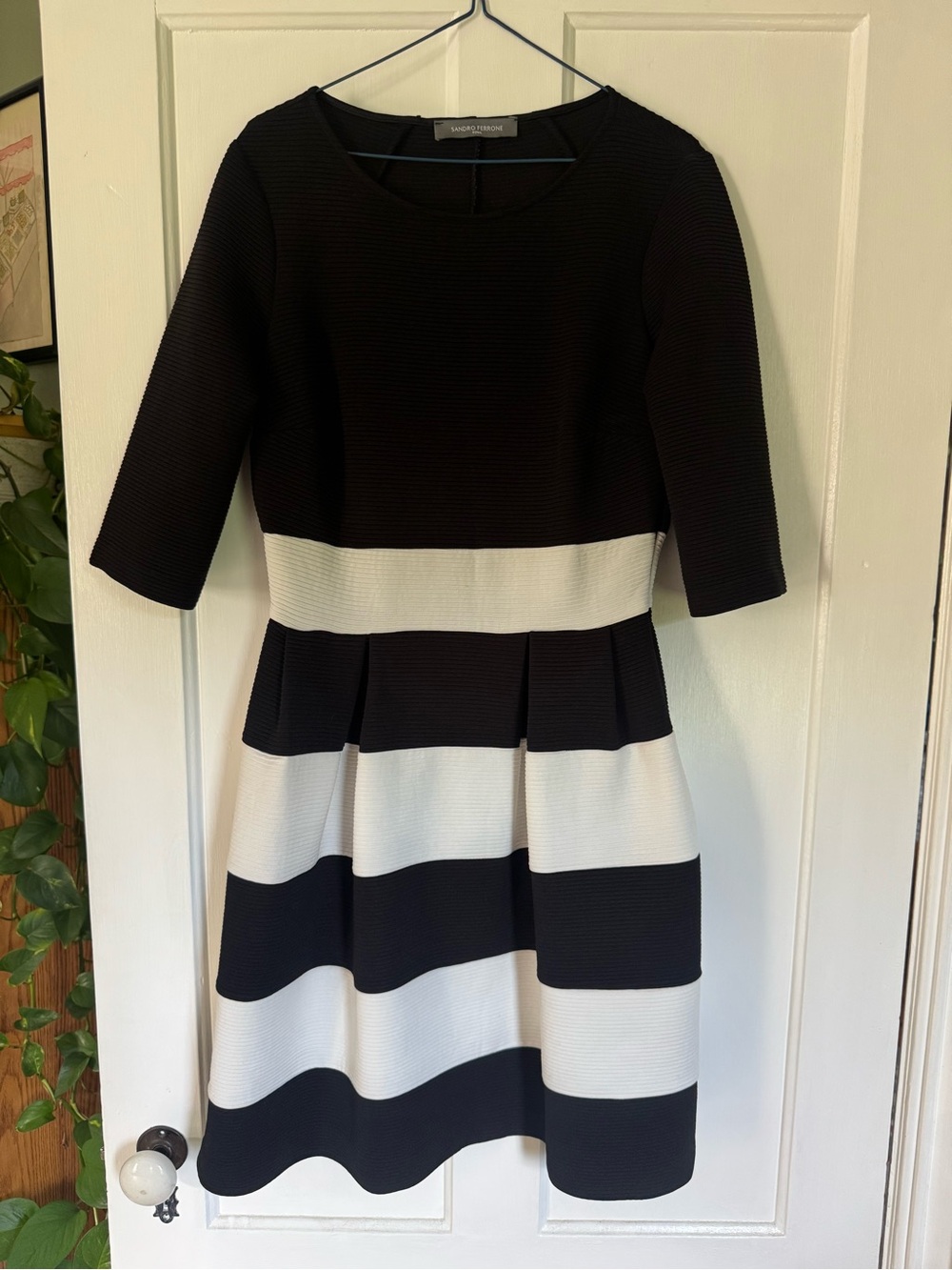 Tahari ASL Black and White Striped Fit & Flare Dress